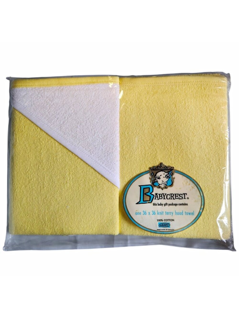 Vintage 1960s Babycrest Knite Terry Hood Towel 36"x36" Yellow White Cotton NOS